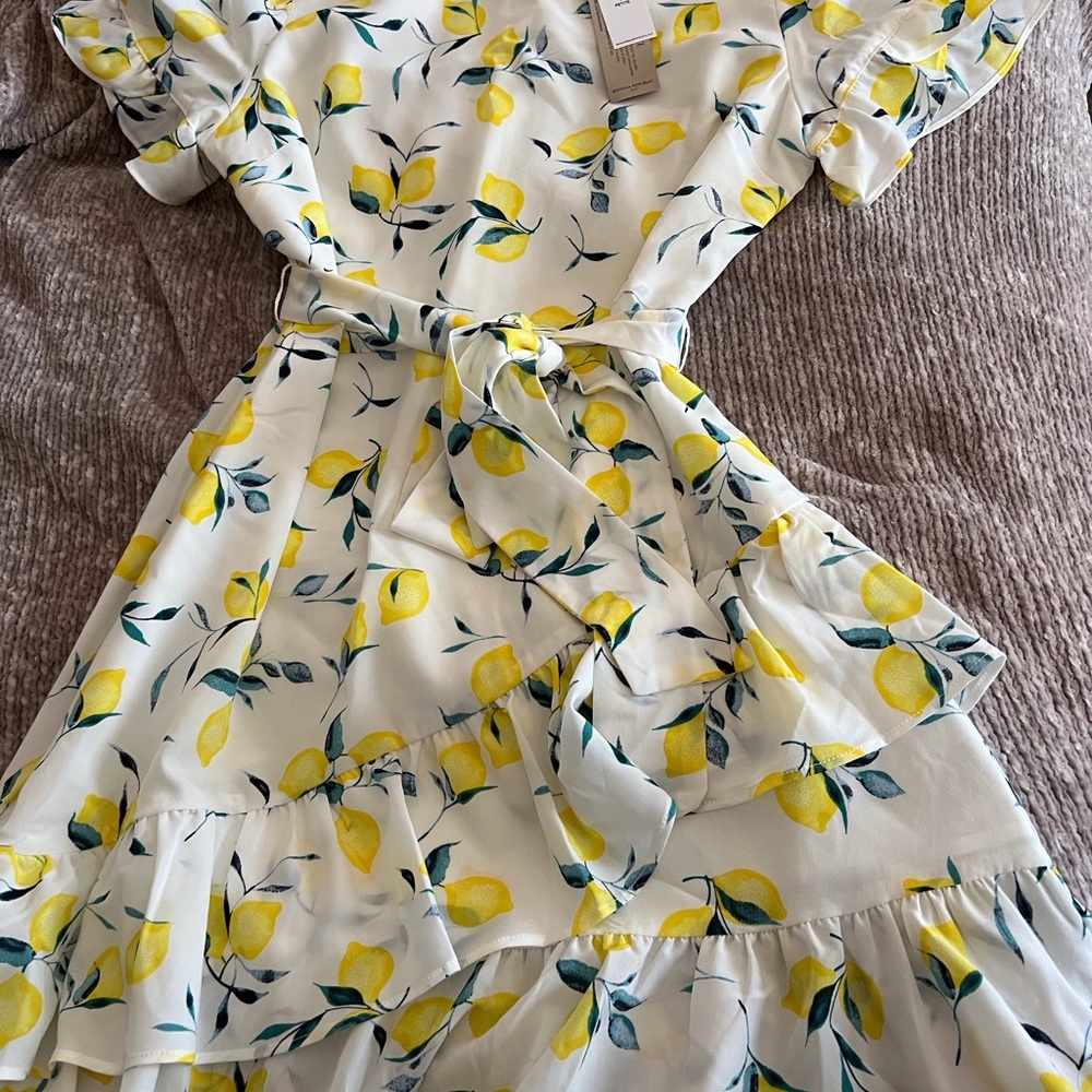 Banana Republic Women's Frill Fit & Flare Dress Ruffle White Lemon Print Size 8P